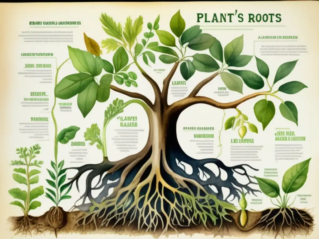 Detalle anatomía plantas: raíces, tallos, hojas