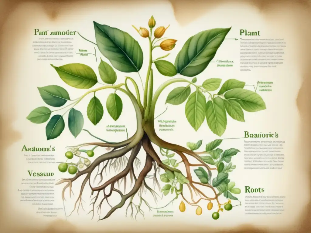 Ilustración detallada acuarelada de la estructura anatómica de una planta - Mecanismos de defensa en plantas