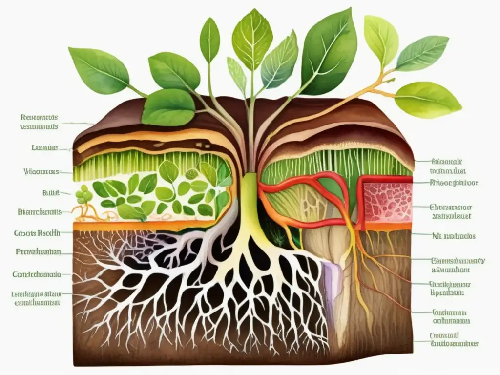 Guía completa de anatomía de plantas: ilustración detallada acuarela de la estructura interna de una raíz vegetal