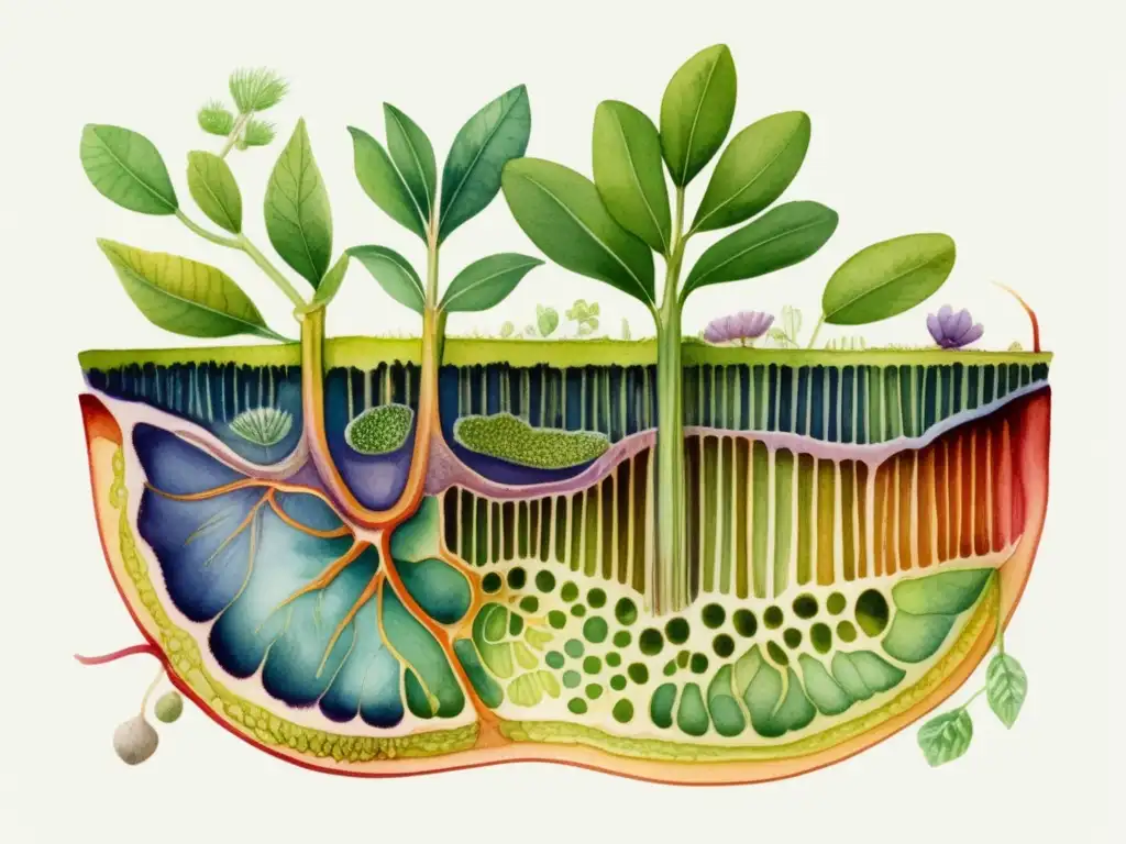 Ilustración detallada acuarela de sección transversal de tallo de planta, mostrando procesos y estructuras anatómicas