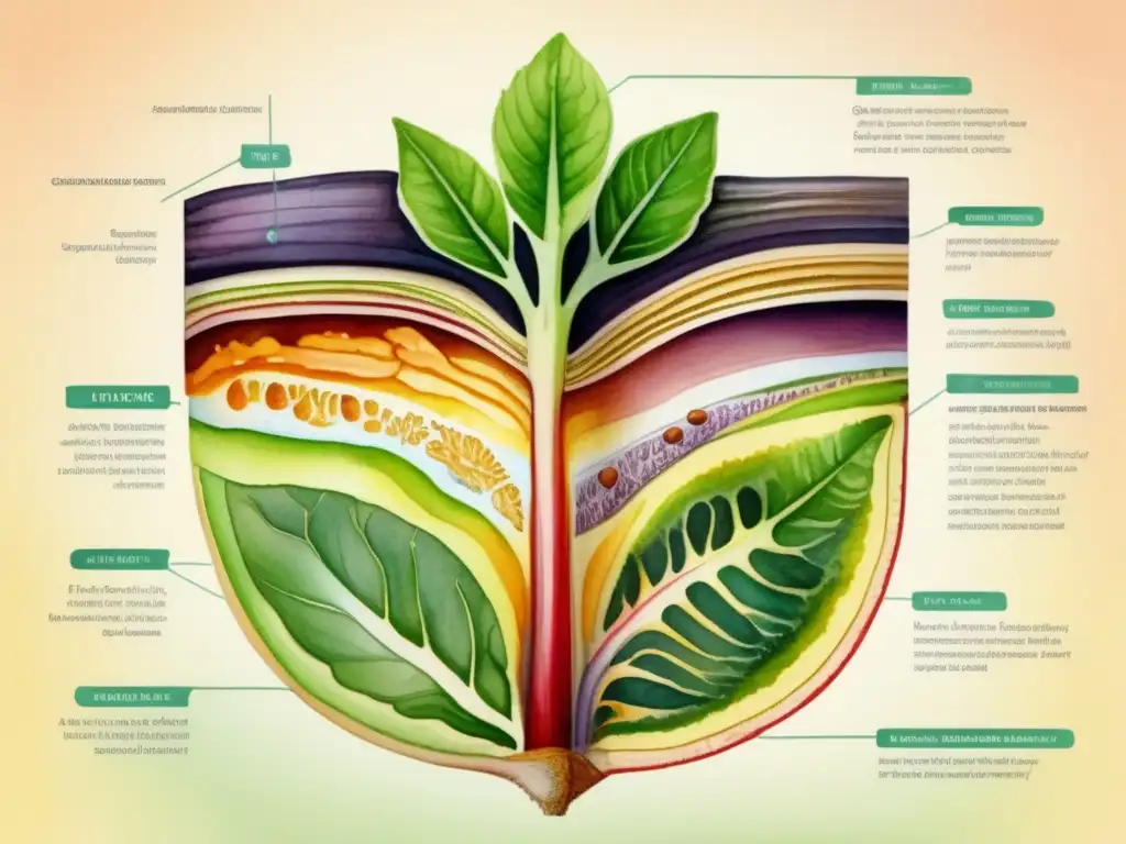 Ilustración detallada de una sección transversal del tallo de una planta, mostrando su estructura anatómica y beneficios medicinales