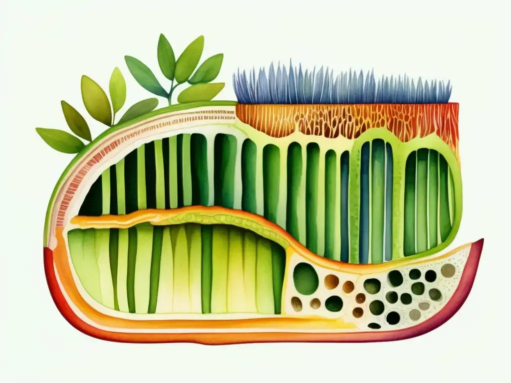 Ilustración acuarela de sección transversal de tallo de planta, mostrando adaptaciones estructurales y tejidos clave