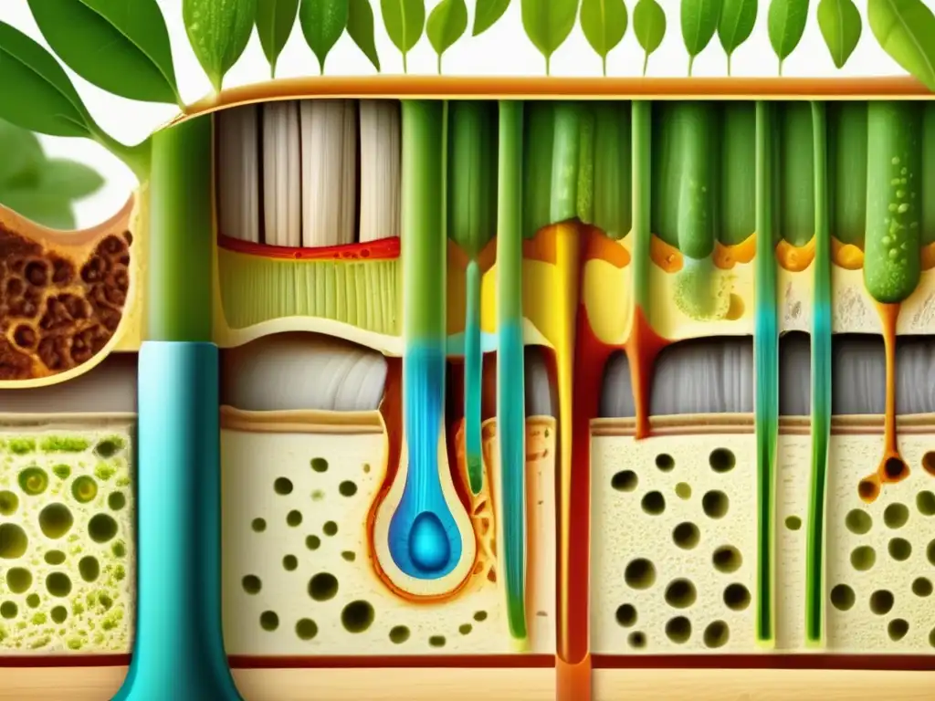 Funciones y estructuras internas de las plantas: detalle de la anatomía de un tallo con sus capas, epidermis, corteza, floema, xilema y médula