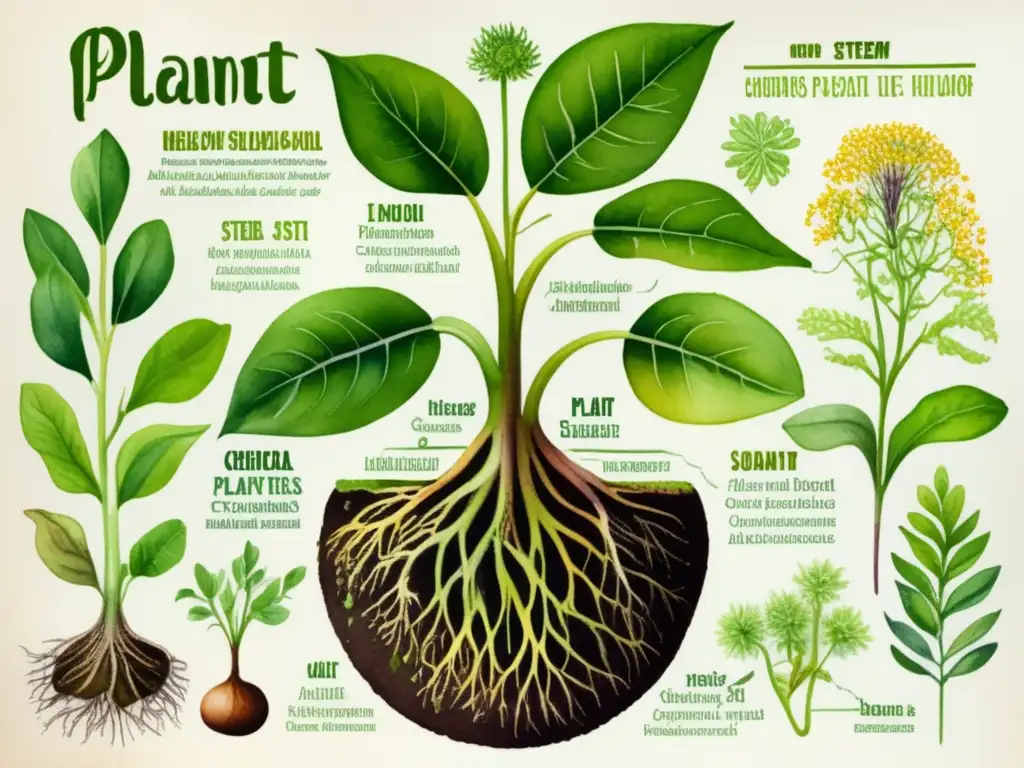 Procesos químicos en plantas: estudio de enzimas - Detallada acuarela que muestra la anatomía y procesos químicos de una planta