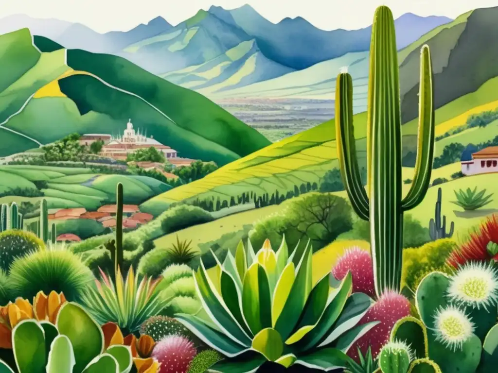 Paisaje andino con cactus San Pedro y plantas medicinales, beneficios terapéuticos