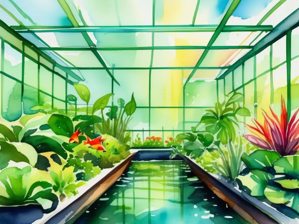 Beneficios de plantas acuáticas en acuaponía: sistema acuapónico vibrante con plantas y peces en un invernadero soleado