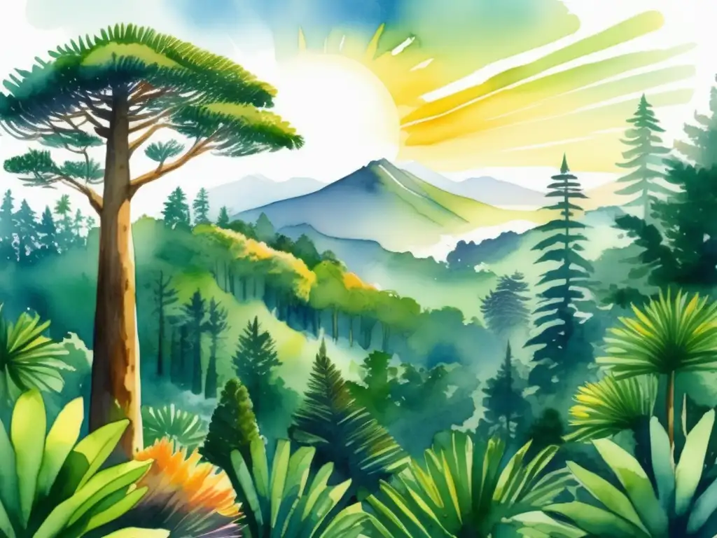 Bosque de Araucarias en Sudamérica: ilustración acuarela de un bosque exuberante y vibrante, lleno de vida y color