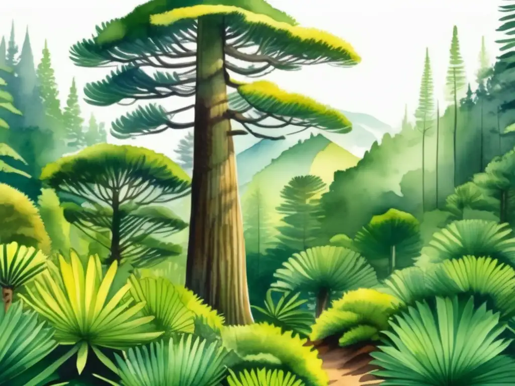 Bosque de Araucarias en Sudamérica: Ilustración acuarela impresionante que captura la exuberante vegetación verde y la majestuosidad de los árboles