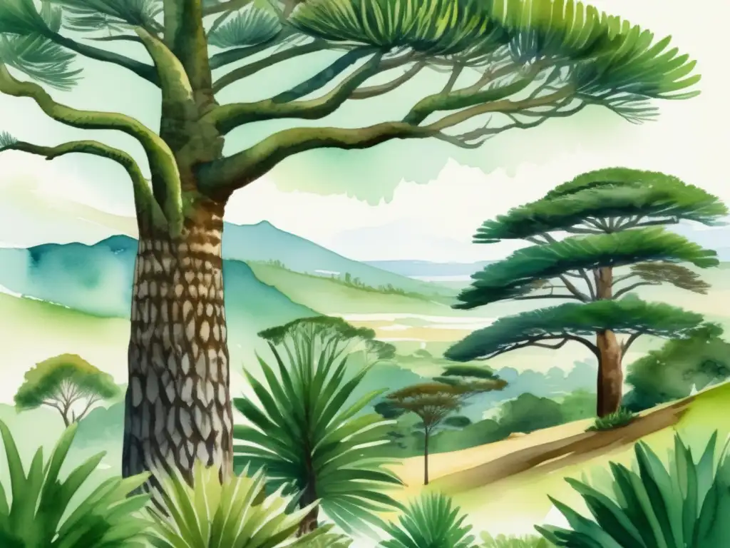 Ilustración detallada de un majestuoso árbol de la goma Araucaria en paisaje africano: características del árbol