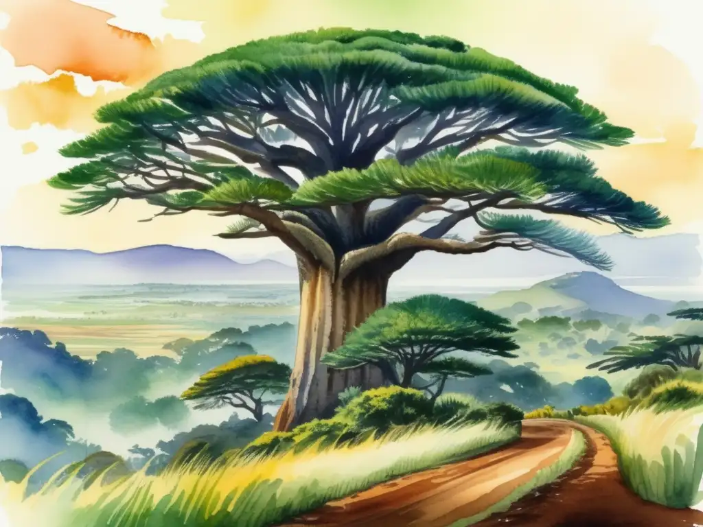 Árbol Araucaria destacando características en paisaje africano