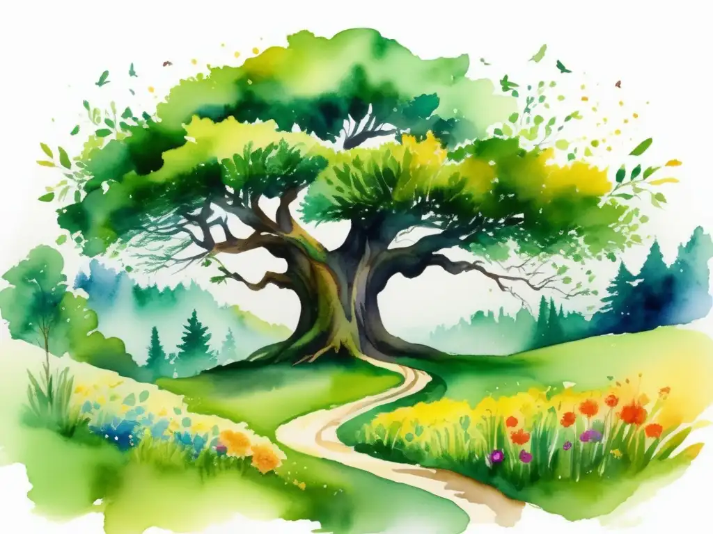 Paisaje verde con árbol majestuoso y floración colorida