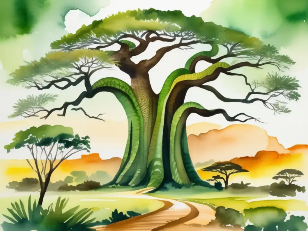 Pintura acuarela Árbol de la Serpiente protección África