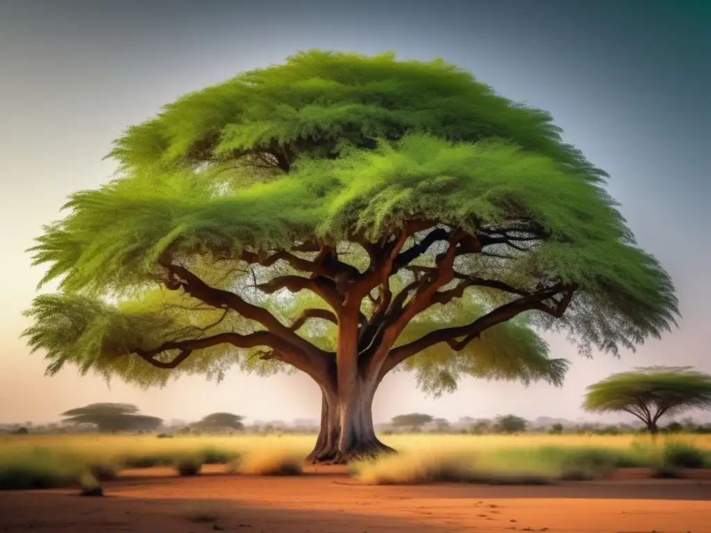 Beneficios medicinales del árbol de neem en paisaje africano con follaje exuberante y sombras intrincadas