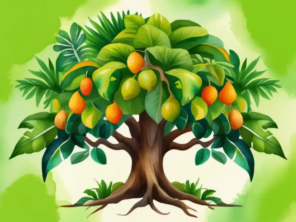 Ilustración acuarela de paisaje tropical con majestuoso Árbol del Pan