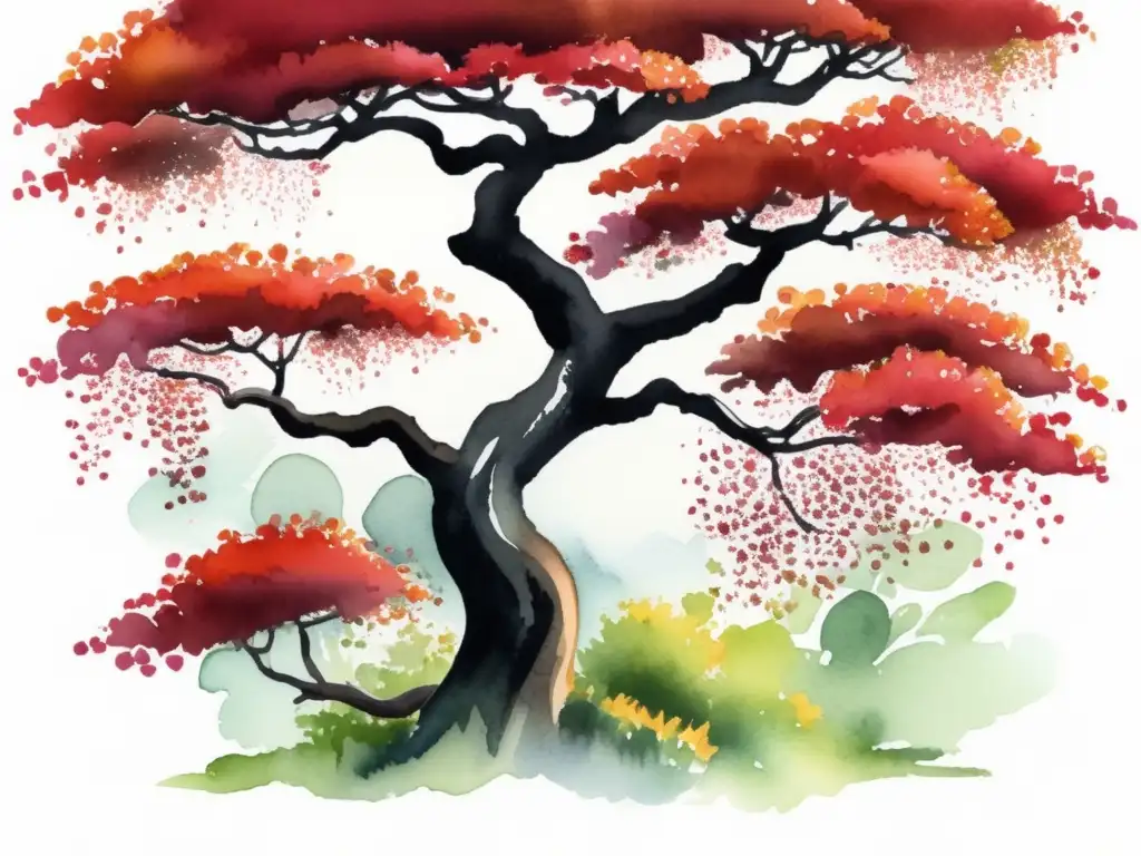 Ilustración acuarela de árbol de laca japonés con follaje rojo intenso en jardín sereno - Características y usos del árbol de laca de Japón