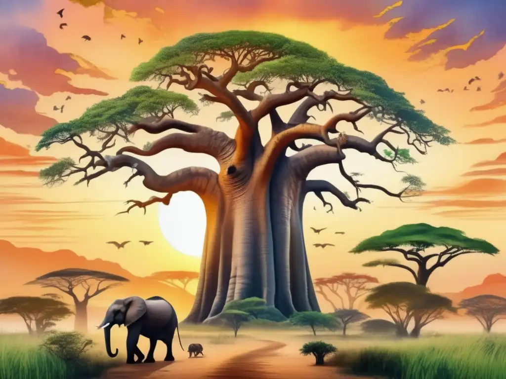 Imagen: Árbol de la Serpiente protección África, atardecer africano con animales y aldeanos (110 caracteres)