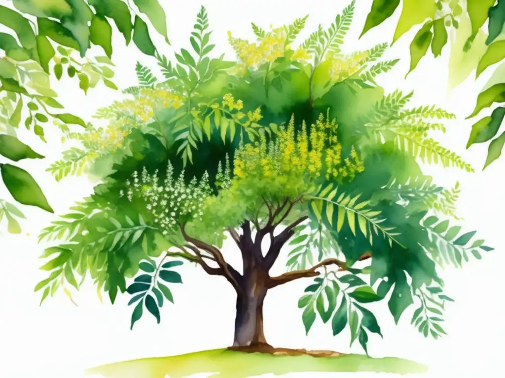 Beneficios medicinales del árbol de neem, pintura acuarela de un majestuoso árbol neem rodeado de exuberante vegetación