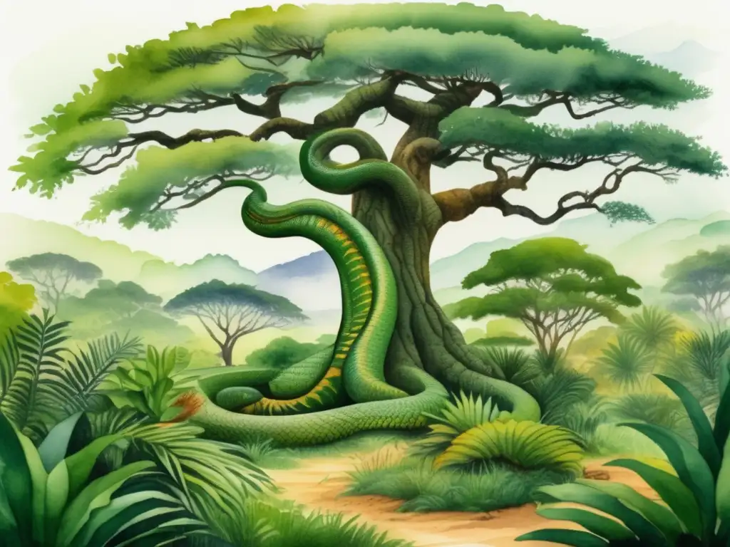 Árbol de la Serpiente protección África - Paisaje africano detallado con un árbol prominente, ramas verdes y elefantes graznado