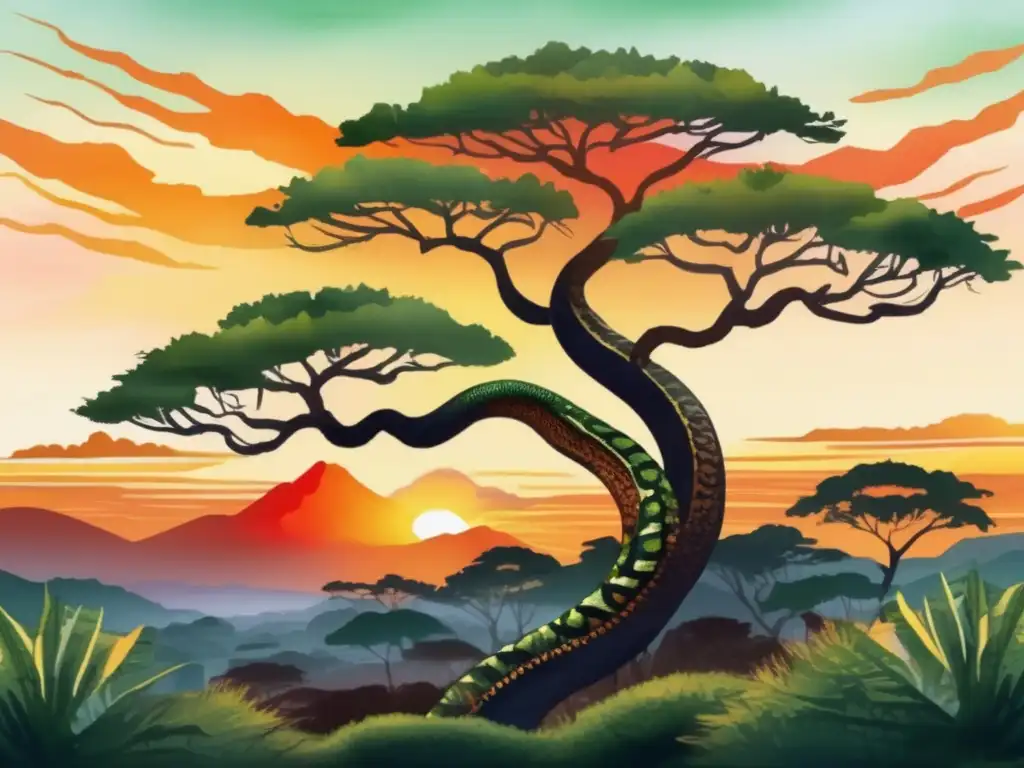 Ilustración acuarela del Árbol de la Serpiente protección África, con serpiente, frutas y recetas deliciosas