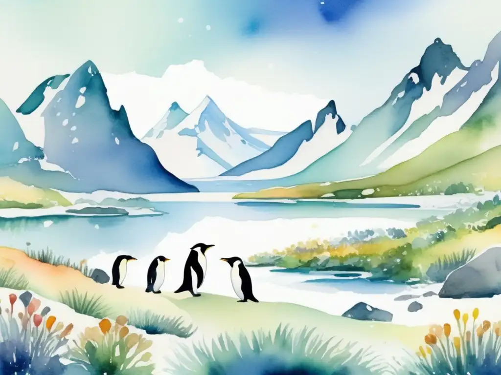 Relación pingüinos y plantas árticas en paisaje glacial