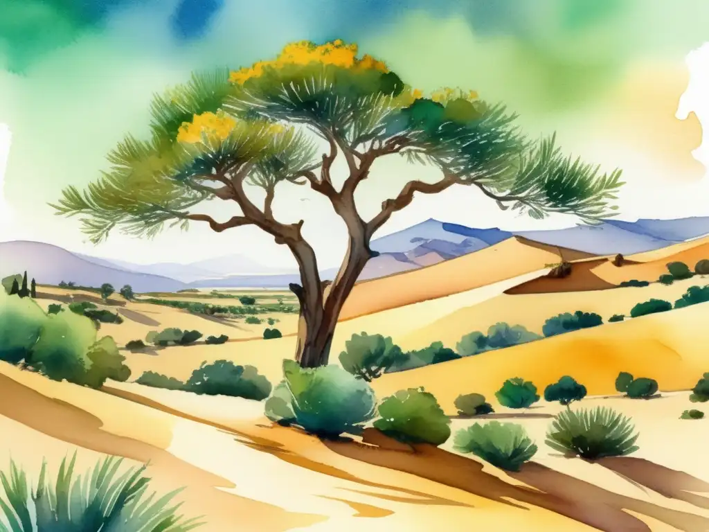 Paisaje dorado de Marruecos con dunas de arena y un majestuoso árbol de argán adornado con frutas amarillas