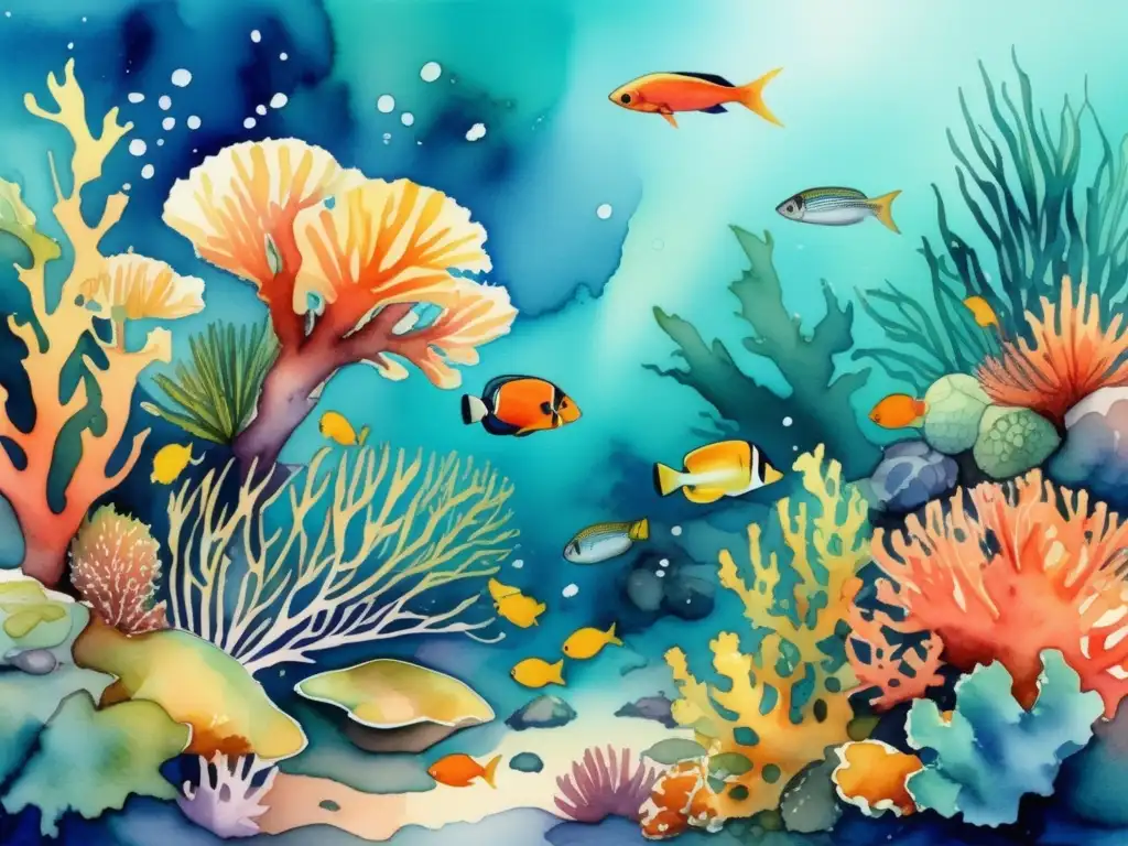 Impacto cambio climático en flora oceánica: hermosa ilustración acuarela de arrecife coralino vibrante, con corales, peces y seagrass