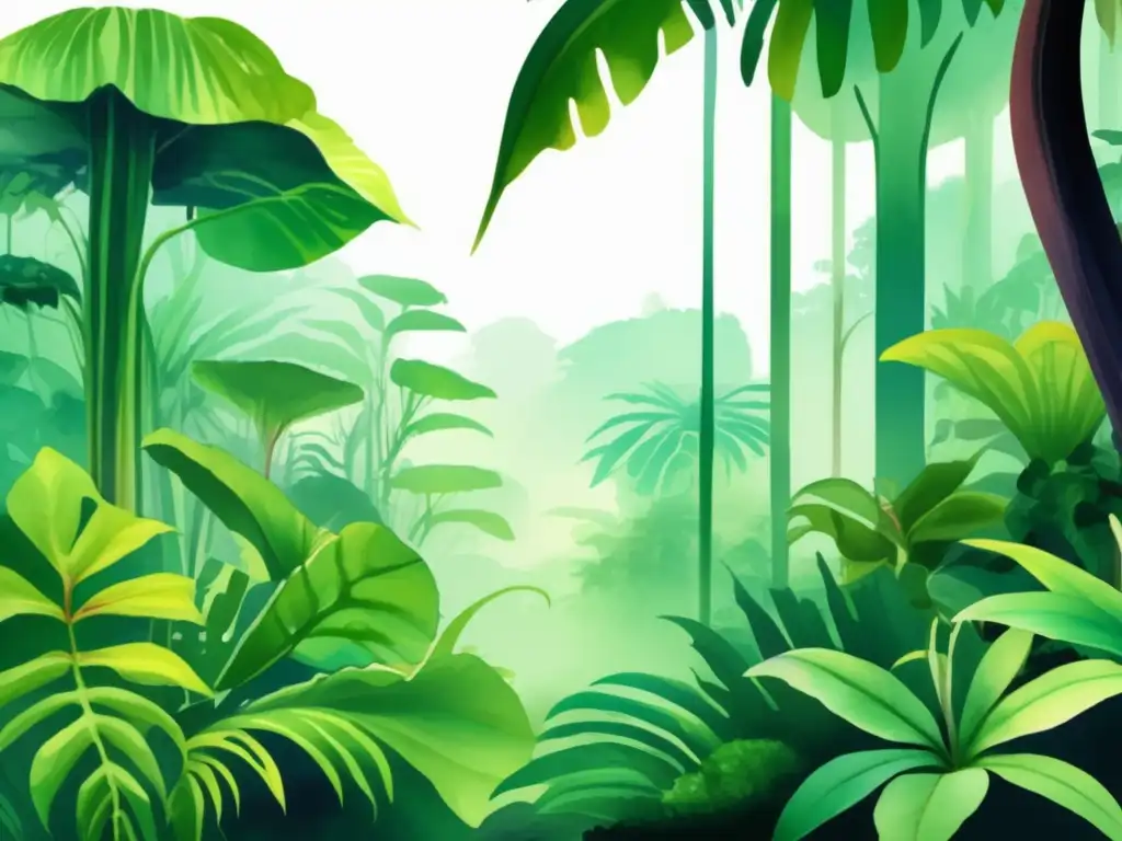 Pintura acuarela: selva tropical con plantas carnívoras gigantes