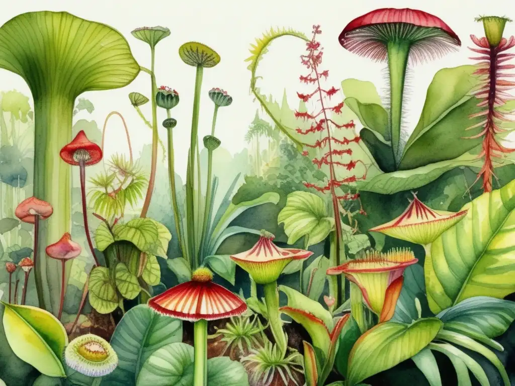 Ilustración detallada de una exuberante selva tropical con árboles imponentes y vegetación vibrante