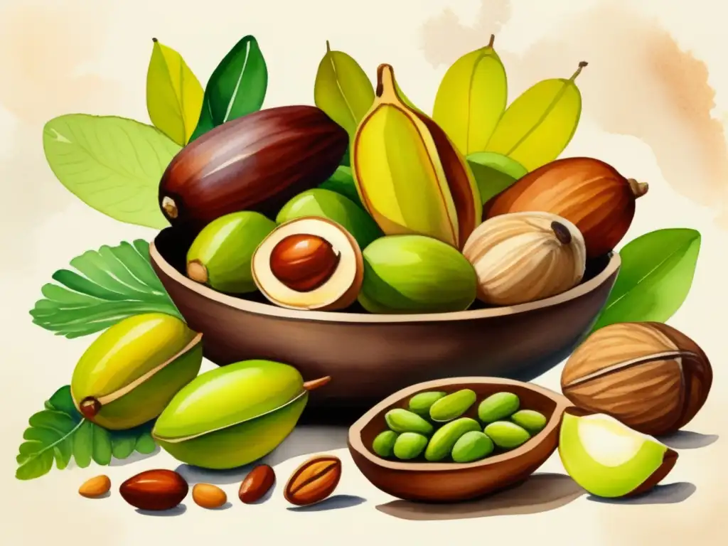 Ilustración vibrante de una abundante cosecha de frutos secos: castañas, pistachos y maní, resaltando sus beneficios nutricionales