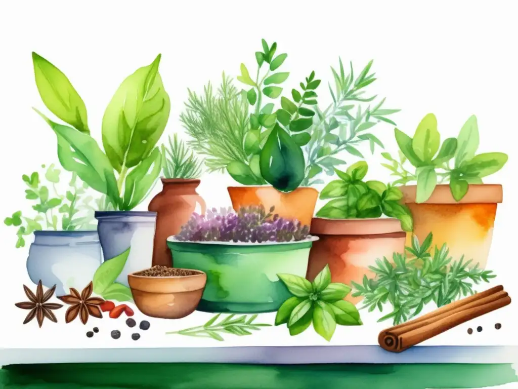 Beneficios plantas aromáticas en cocina: ilustración acuarela mostrando variedad de hierbas y especias en una encimera