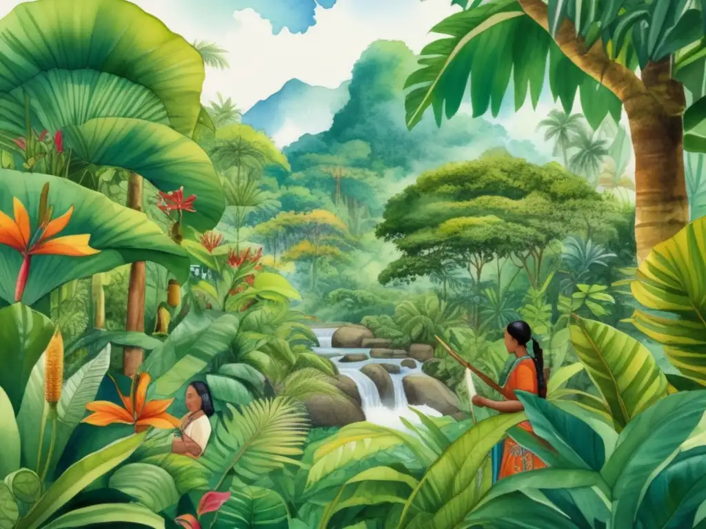 Ilustración acuarela detallada de una exuberante selva tropical con plantas medicinales