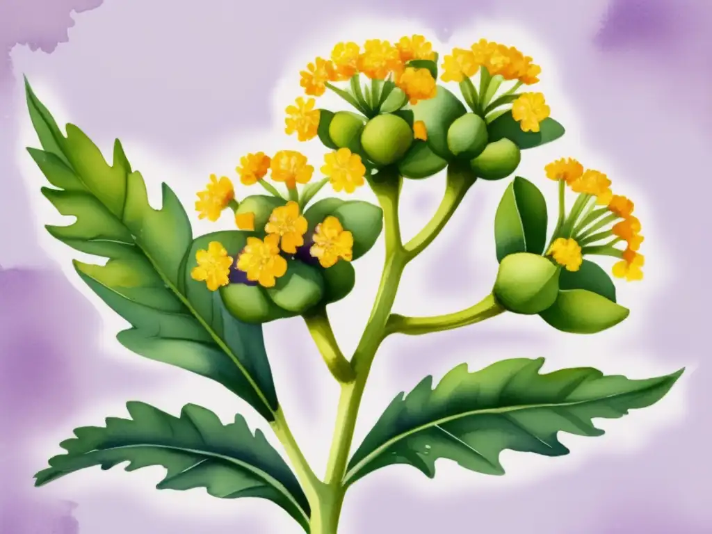 Ilustración acuarela vibrante de una planta de asafoétida en flor, resaltando sus características únicas y hermosas flores