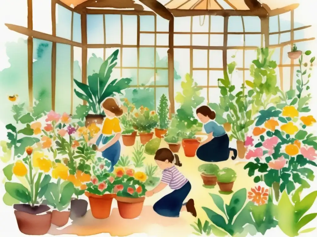 Importancia educativa de las plantas en un aula convertida en jardín con niños explorando la naturaleza