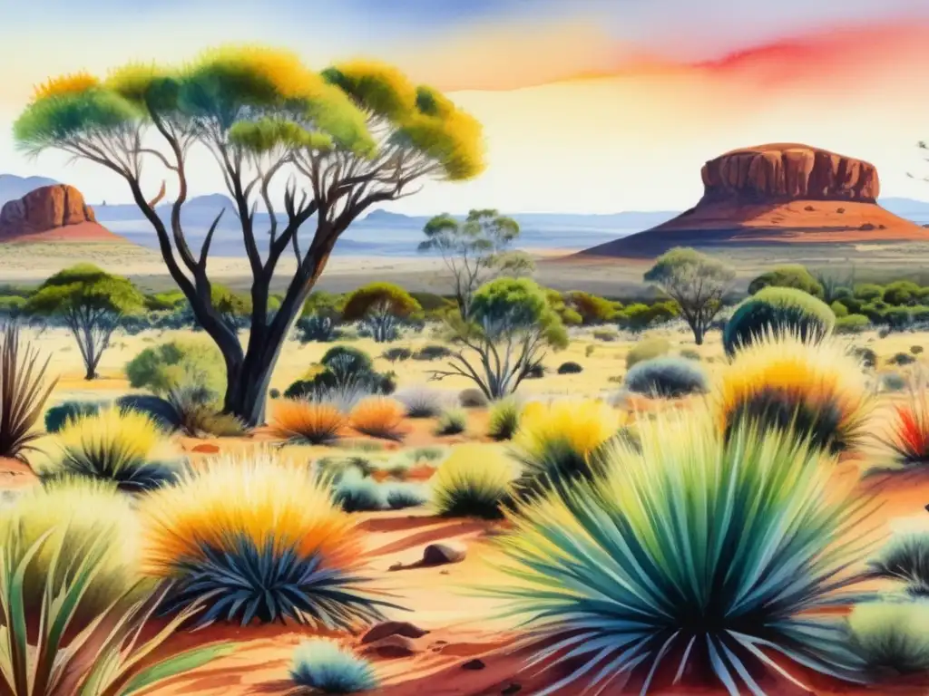 Adaptaciones únicas plantas desierto australianas: vibrante imagen acuarela detallada del paisaje Outback, destacando adaptaciones plantas desérticas