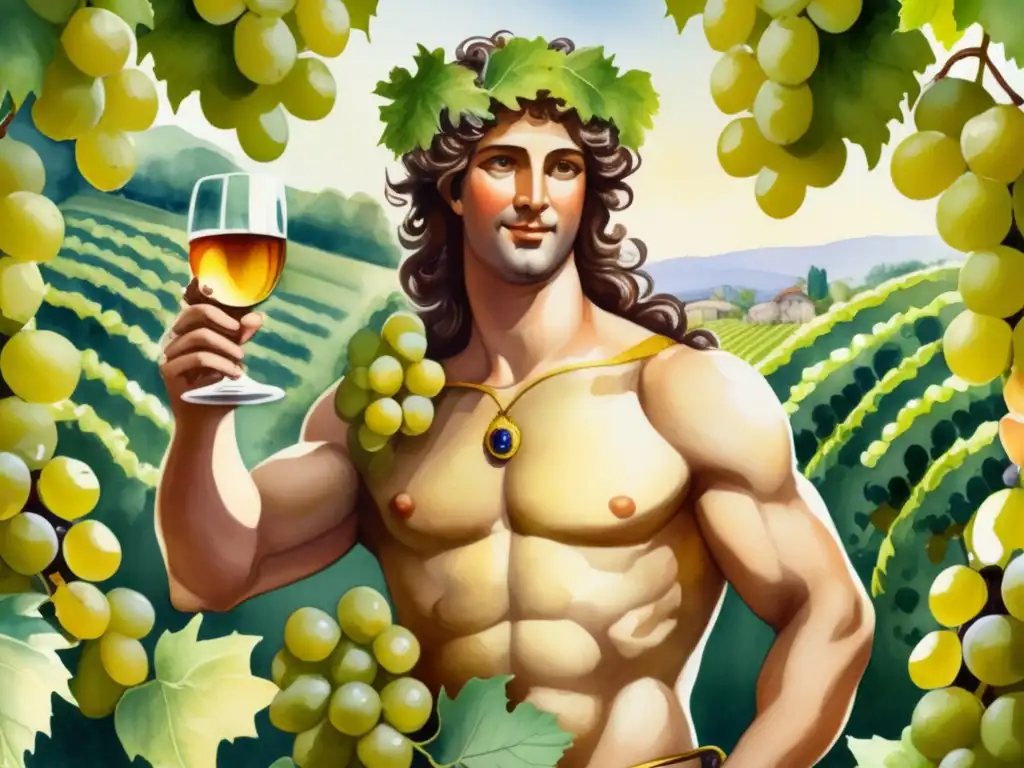 Bacchus, dios romano del vino y la fertilidad, rodeado de viñedos y uvas maduras