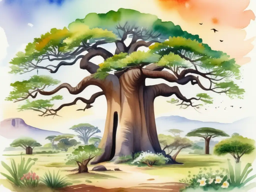 Plantas emblemáticas de la flora africana en ilustración acuarela vibrante: baobab, Acacia del Sahara, río Nilo