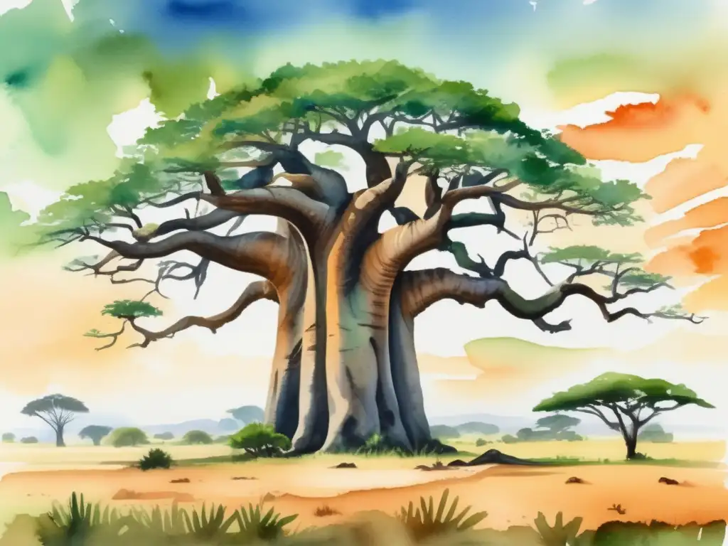 Beneficios medicinales del Baobab africano: majestuoso árbol en una pintura acuarela, destacando la savana africana y el atardecer dorado