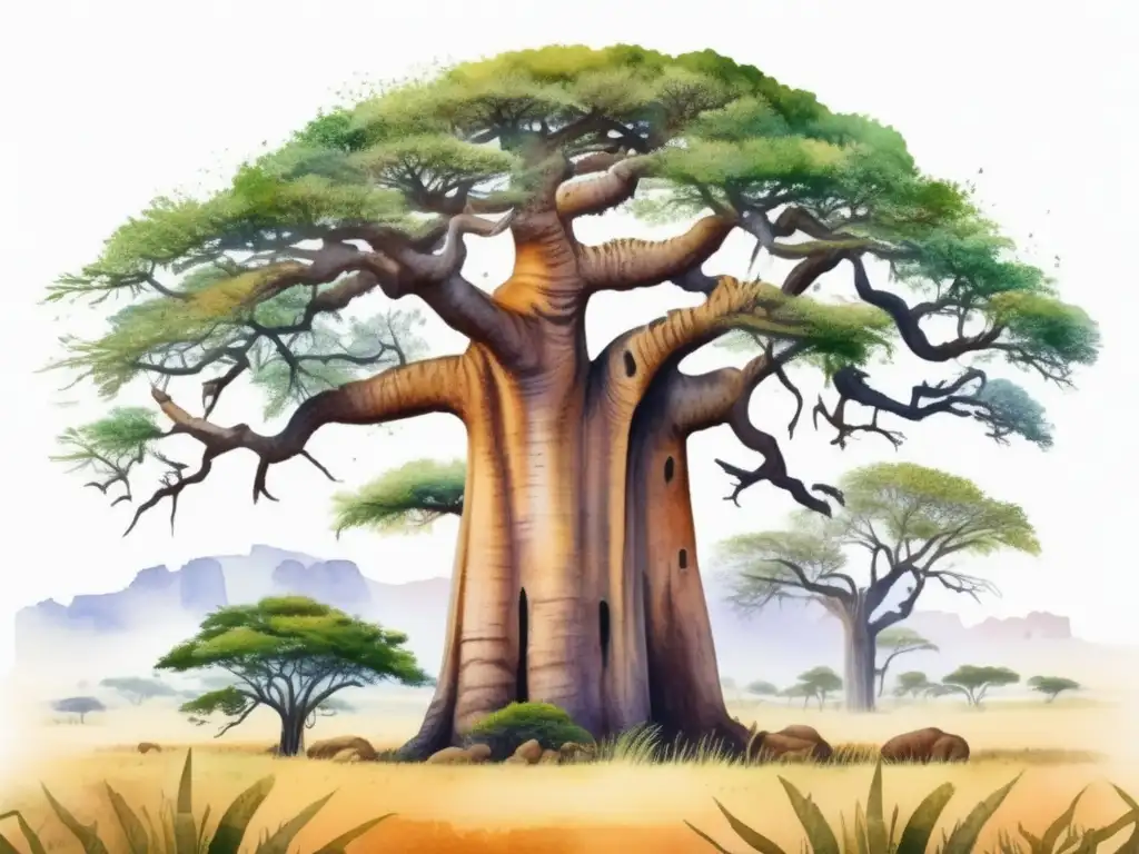 Ilustración acuarela detallada del árbol Baobab en la sabana africana, con paisaje diverso y planta emblemática