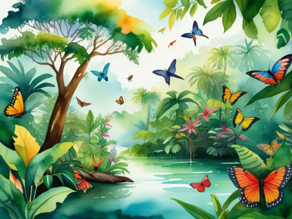 Ilustración acuarela de una exuberante selva tropical llena de vida