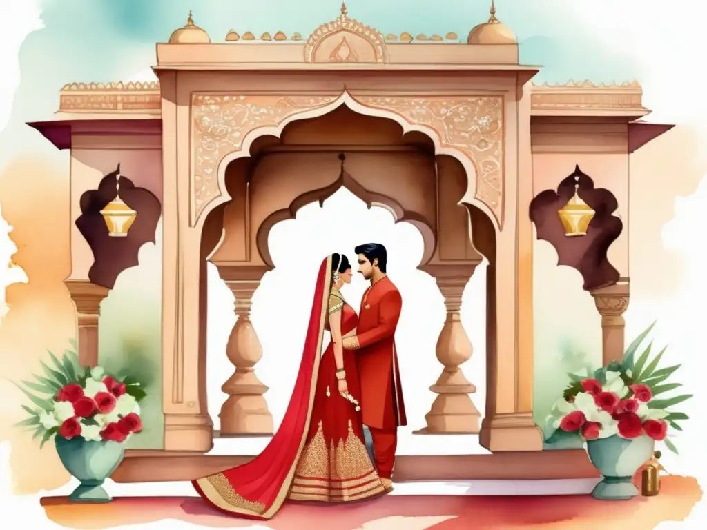 Ilustración acuarela de boda de India: significado cultural de las flores en bodas