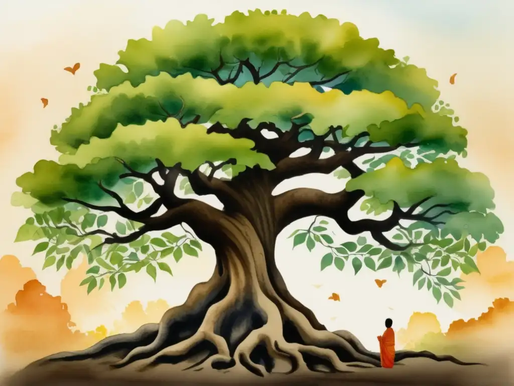 Árbol sagrado Bodhi, ilustración acuarela detallada que representa la importancia espiritual en el budismo