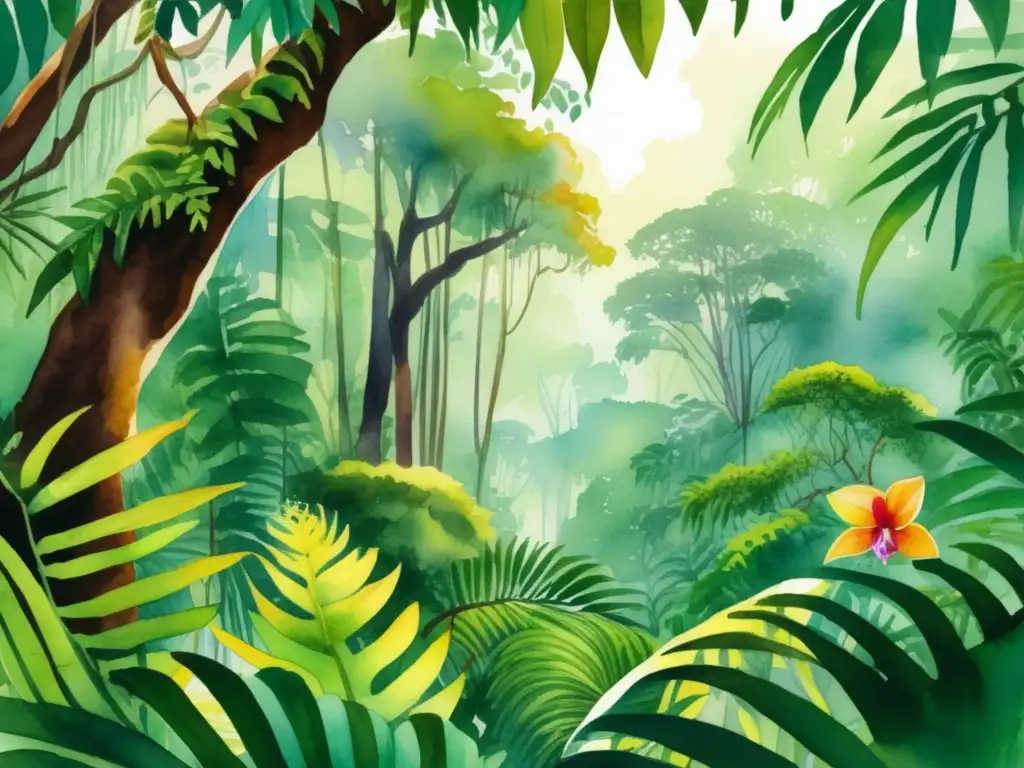 Una ilustración acuarela vibrante de una exuberante selva tropical de Borneo emerge del papel