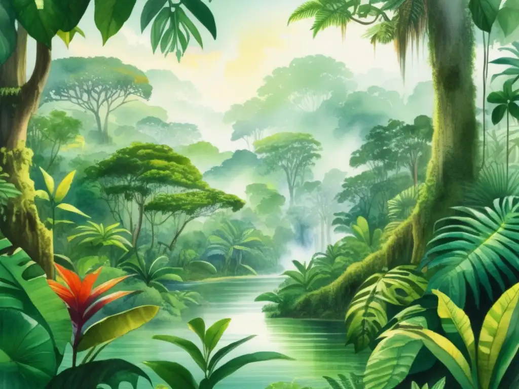 Pintura acuarela detallada de la selva amazónica con plantas medicinales indígenas y majestuosas montañas en la distancia