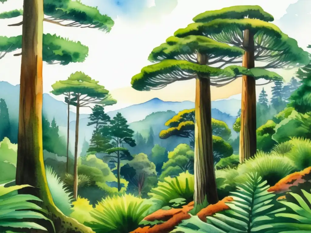 Bosque Araucarias Sudamérica: pintura acuarela vibrante, árboles majestuosos, follaje verde exuberante, montañas cubiertas de niebla