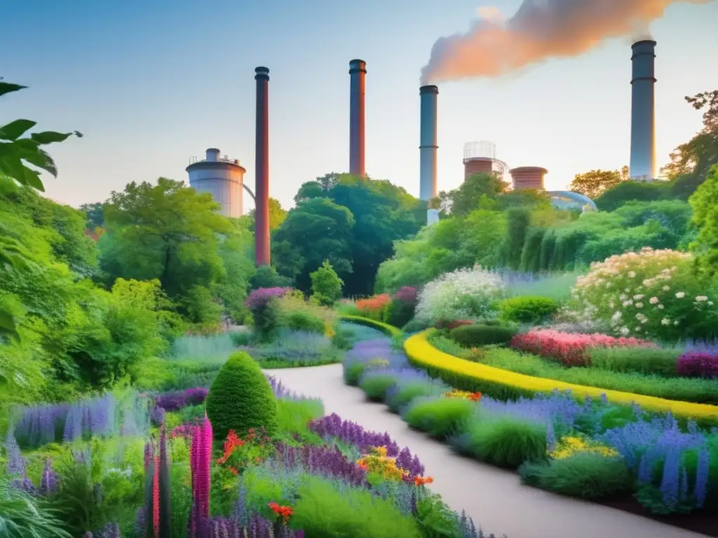 Un jardín botánico vibrante con plantas de colores únicos y una fábrica textil ecoamigable - Plantas tintóreas para industria textil