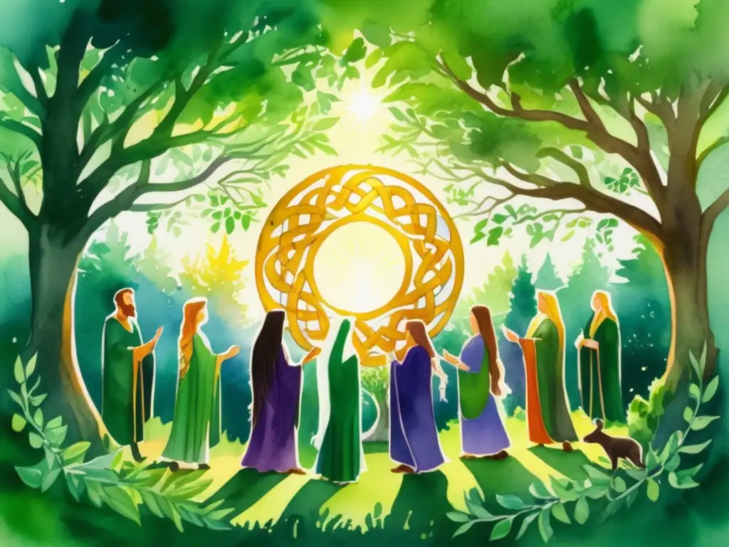 Ilustración acuarela: Bosque celta sagrado con druidas en ritual, plantas sagradas en rituales celtas