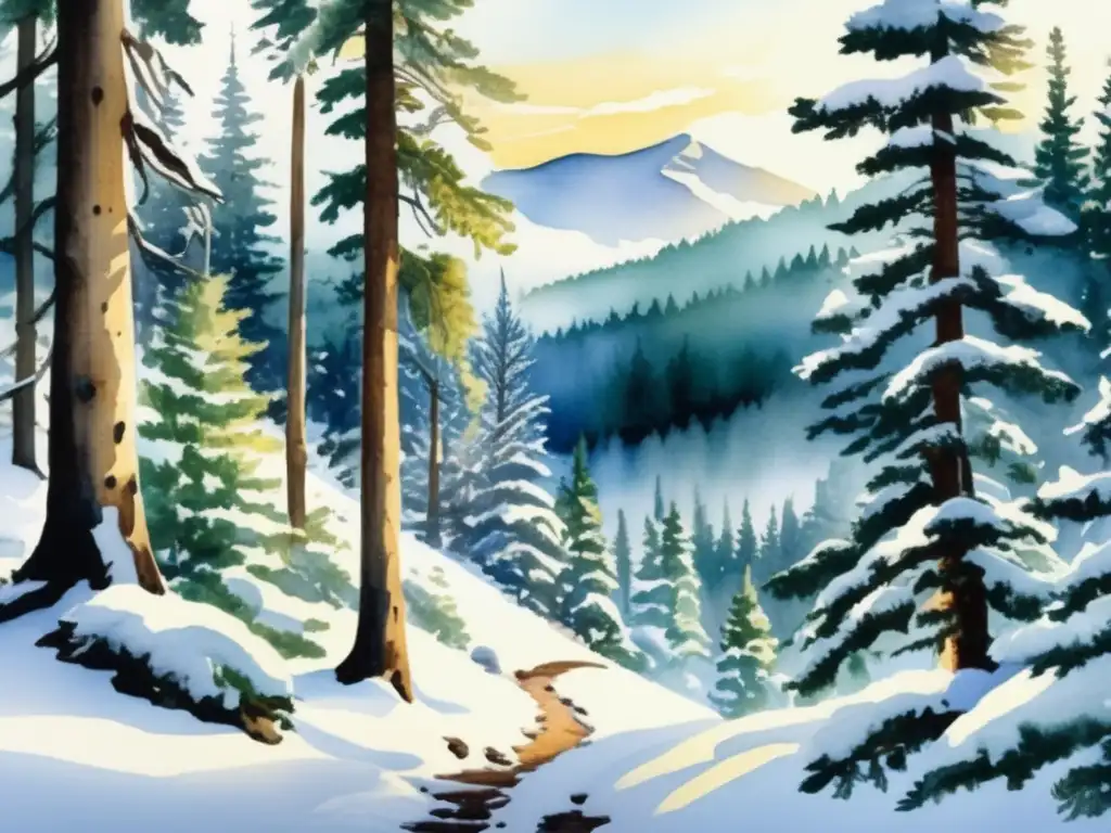 Pintura acuarela bosque coníferas invierno: adaptación plantas, árboles nevados, huellas animales, belleza serena (110 caracteres)