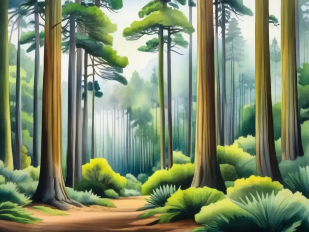 Bosque de Araucarias en Sudamérica: Pintura acuarela de un sereno y exuberante bosque con árboles Araucaria