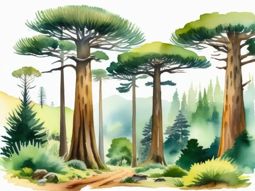 Pintura acuarela del Bosque de Araucarias en Sudamérica: paisaje encantador que muestra la diversidad climática y suelos únicos