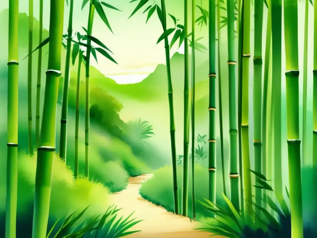 Importancia cultural del bambú en China: ilustración acuarela de un sereno paisaje chino con un magnífico bosque de bambú como protagonista